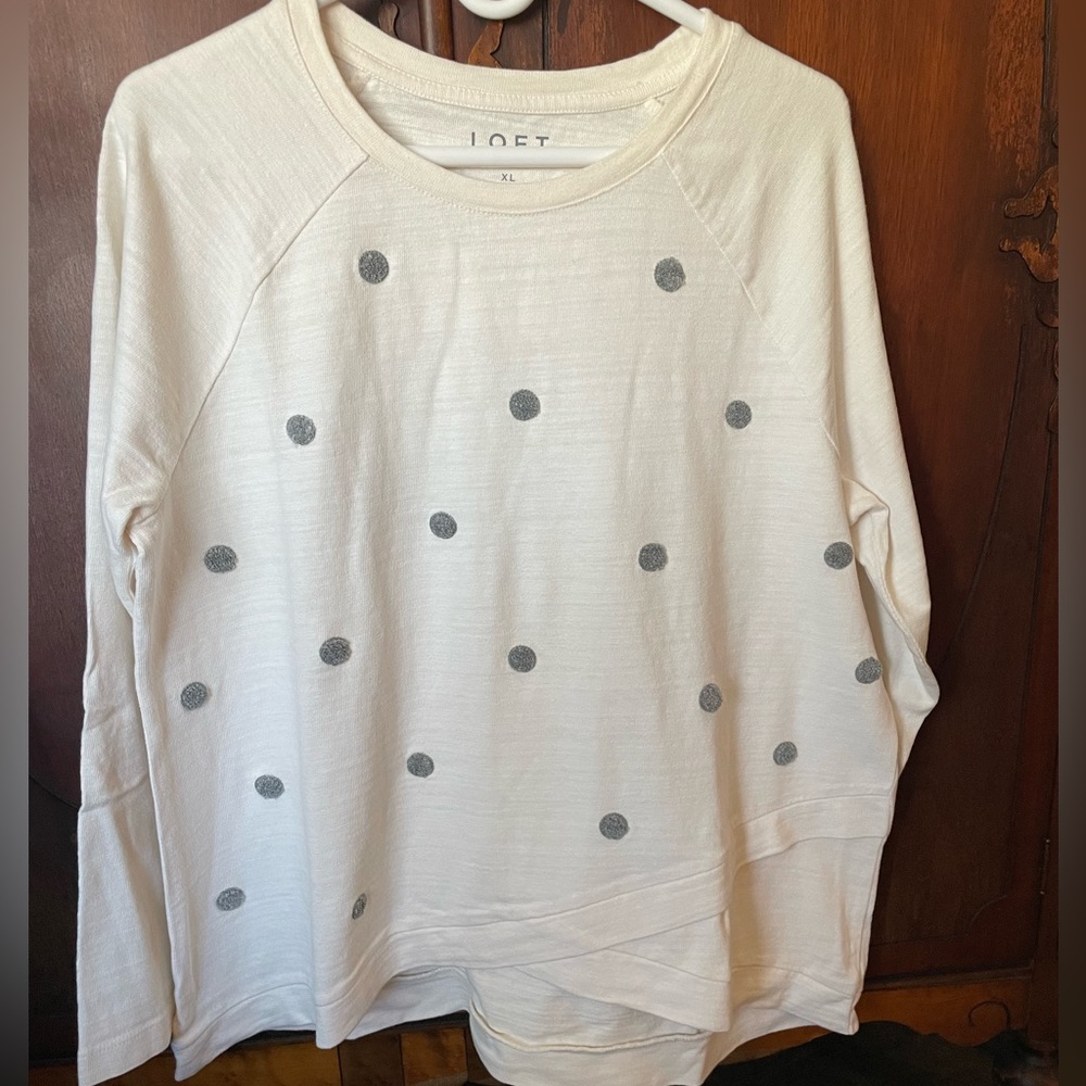 LOFT Cream with Gray Dots Tulip Hem Sweatshirt